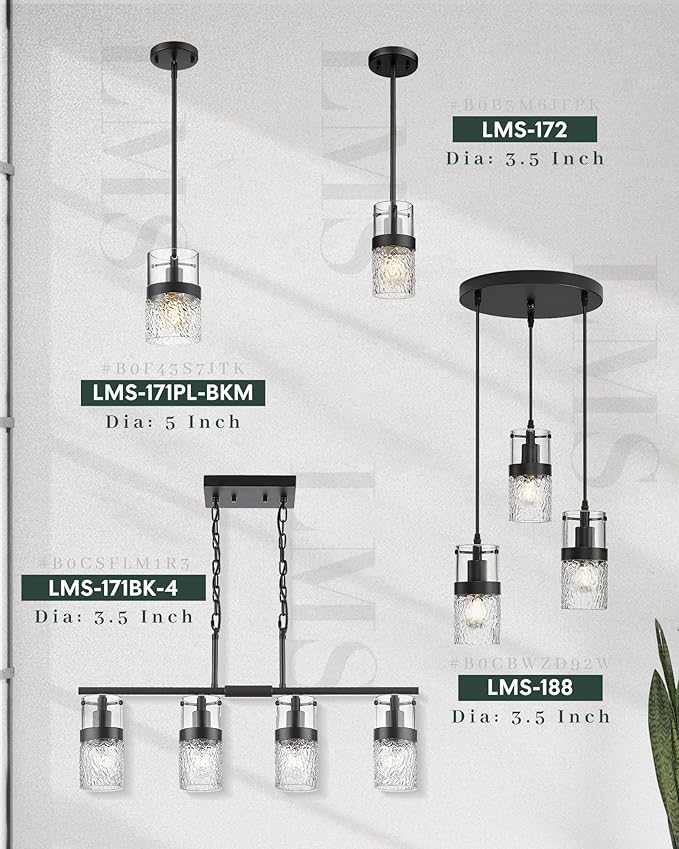LMS 2-Pack Pendant Lights, 5 Inch Dia Industrial Linear Light Fixtures for Kitchen Island with Adjustable Rods, Medium Hanging Lamp with Hammered Glass, LMS-171PL-BKM-2PK