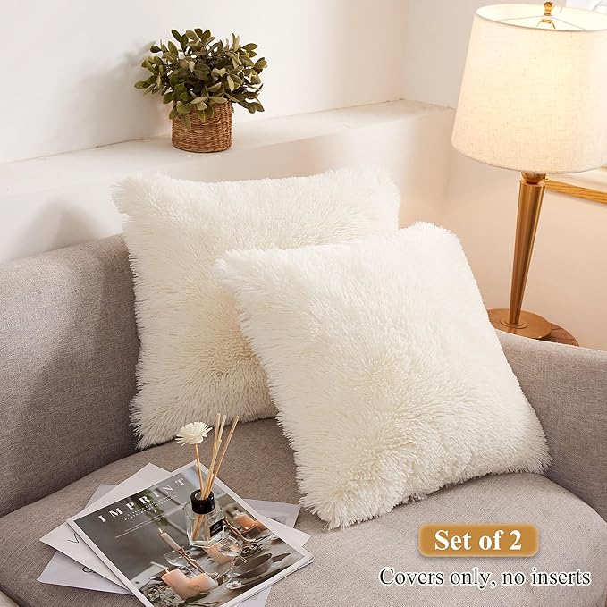 XeGe Faux Fur Throw Pillow Covers, Shaggy Fluffy Cushion Covers, Plush Furry Pillow Cases, Fuzzy Decorative Pillow Shams with Zipper Set of 2 for Sofa Bed Couch Living Room (18''x18'', Light Beige)