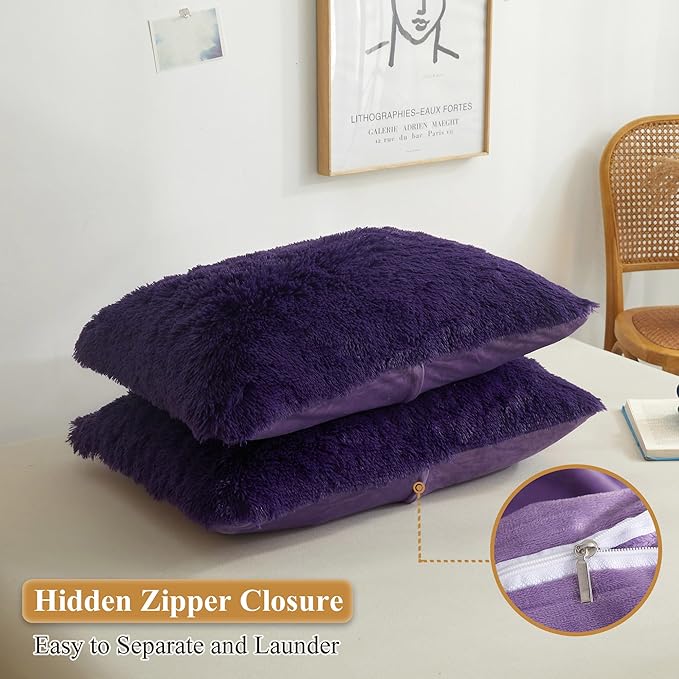 XeGe Faux Fur Fluffy Pillow Cases, Plush Shaggy Ultra Soft Furry Pillow Shams, Crystal Velvet Fuzzy Pillow Covers, Decorative Pillowcases for Bed Couch Sofa Zipper Closure, Set of 2 (King, Purple)