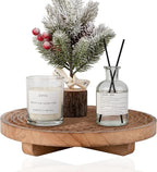 Round Decorative Tray Farmhouse Bathroom Decor Wood Riser Kitchen Countertop Organizer for Perfume, Candle, Plant, 9 inch Browm