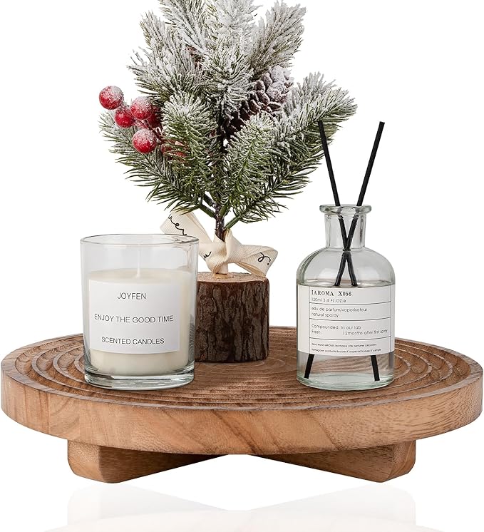 Round Decorative Tray Farmhouse Bathroom Decor Wood Riser Kitchen Countertop Organizer for Perfume, Candle, Plant, 9 inch Browm