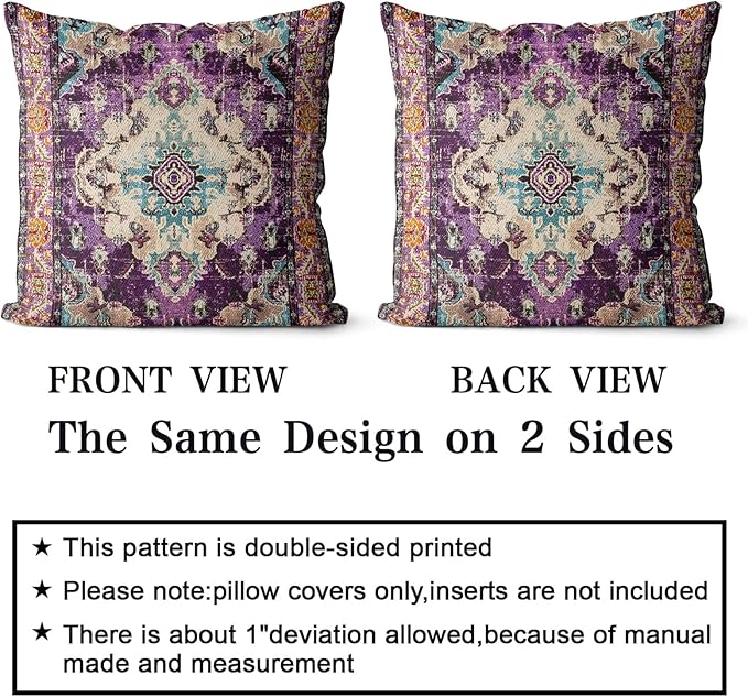 Snycler Boho Throw Pillow Covers 24x24 inch Set of 2 Boho Rug Carpet Double Sided Pattern Cotton Soft Pillow Case Cushion Cover Pillowcase for Couch Sofa Bed Decorative (Purple)