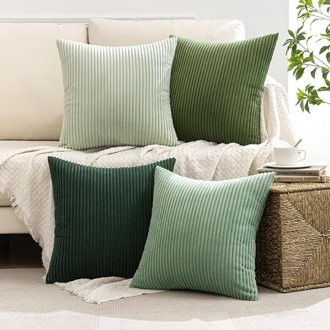 MIULEE Boho Farmhouse Sage Green Throw Pillow Covers 16x16 Inch Set of 4 Mordern Nordic Cushion Covers Soft Corduroy Christmas Home Decor for Couch Bed Sofa Living Room Forest Green