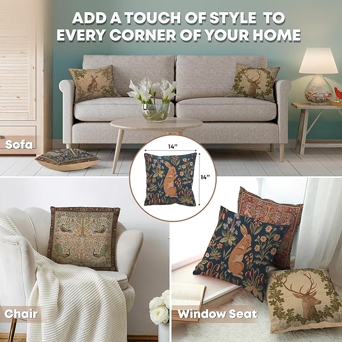 Charlotte Home Throw Pillow Covers - 14x14 Inch Decorative Tapestry Pillow Case for Sofa & Bed - Rabbit French Country Sofa Cushion Cases - Elegant Woven Accent Pillow Covers with Hidden Zipper