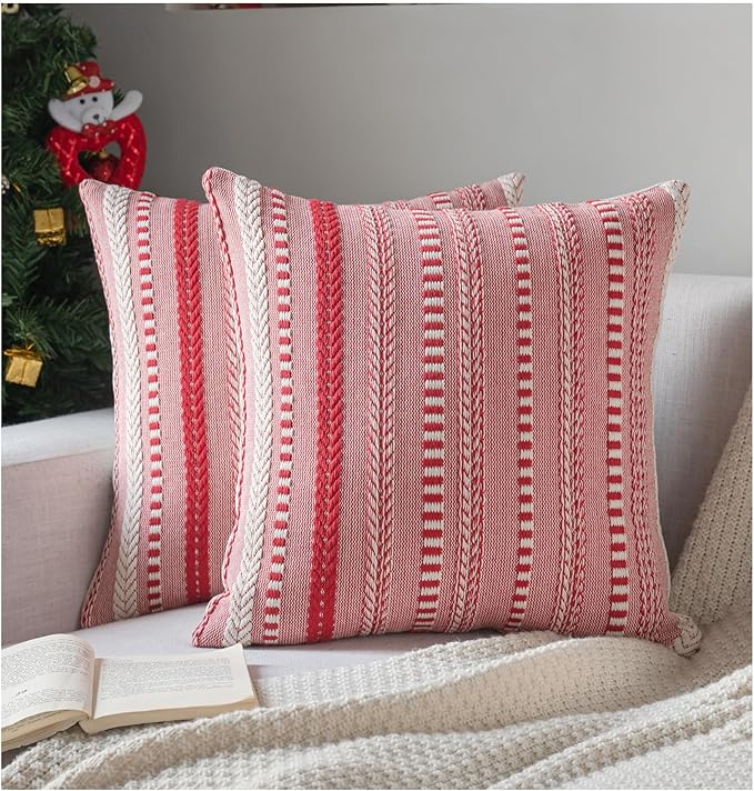 Christmas Pillow Covers 20x20 Inch Set of 2, Farmhouse Boho Christmas Decorative Couch Pillow Cases, Red Accent Pillows of Bed, Sofa Bedroom Living Room Home Decor Cushion Cover