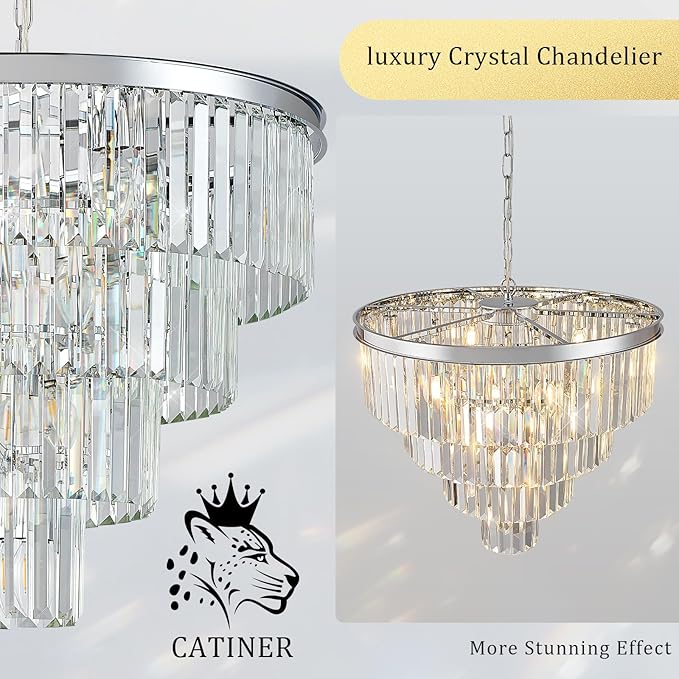 Modern Chrome Crystal Chandeliers 24” Luxury Chandeliers 4-Tier 12 Lights K9 Crystal Round Ceiling Pendant Light Fixture Contemporary for Living Dining Room Foyer Staircase Bedroom