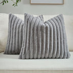 FUTEI Grey Striped Decorative Throw Pillow Covers 20x20 Inch Set of 2,Square Winter Decorations Couch Pillow Case,Soft Cozy Faux Rabbit Fur & Velvet Back,Modern Home Decor for Bed