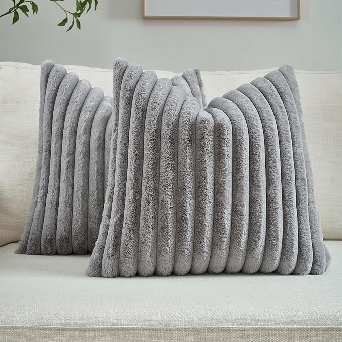 FUTEI Grey Striped Decorative Throw Pillow Covers 22x22 Inch Set of 2,Square Winter Decorations Couch Pillow Case,Soft Cozy Faux Rabbit Fur & Velvet Back,Modern Home Decor for Bed
