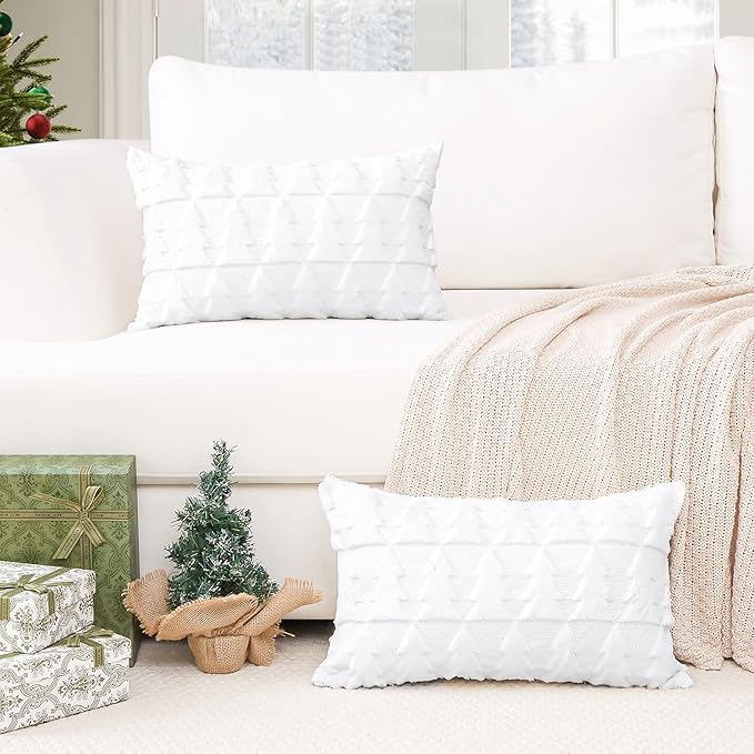 OTOSTAR Set of 2 Xmas Soft Plush Short Wool Velvet Decorative Throw Pillow Covers Rectangular Luxury Style Cushion Case Pillow Shell for Sofa Bedroom Christmas Tree White, 12x20 Inch