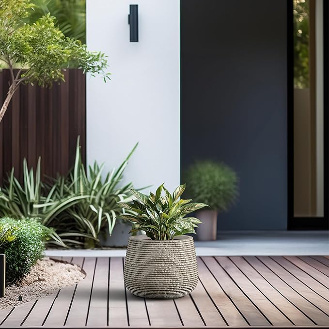 Kante 12.5" Dia Round Fluted Planter with Surface Indentations, Large Flower Pot with Drainage Hole for Indoor & Outdoor Plants, Weathered Concrete Finish with Warm Brown Interior