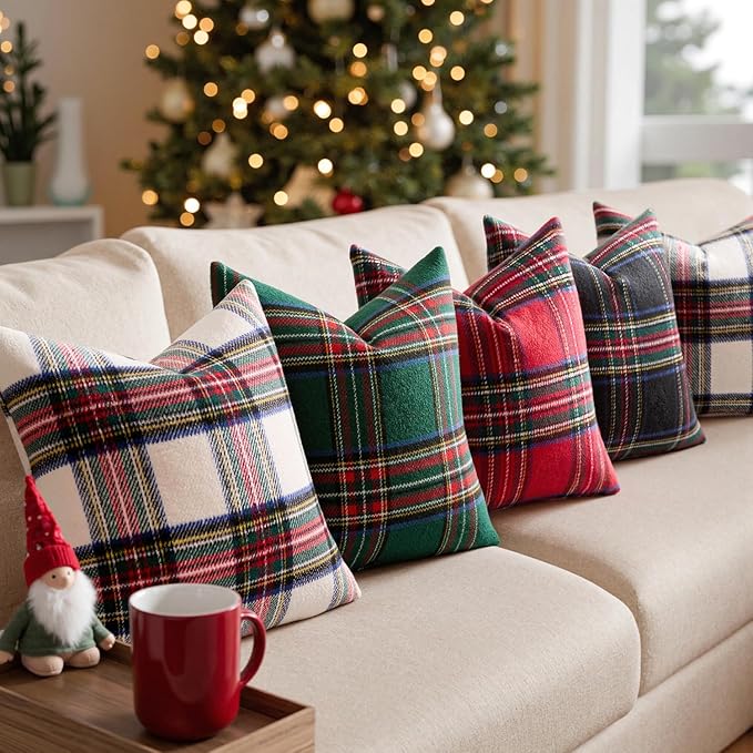 MIULEE Christmas Plaid Decorative Throw Pillow Covers Set of 2 Scottish Tartan Vintage Farmhouse Winter Cuhion Case Pillow Covers for Couch livingroom Sofa Bed Porch Home Decor 18x18inch Black