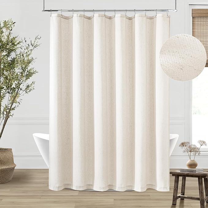 92 Inch Shower Curtain Linen Neutral Extra Long Bath Curtain for Bathroom Earth Tone Boho Shabby Chic Country Rustic Cloth Drapes Bathroom Decor, Cream Colored Ivory, 72x92