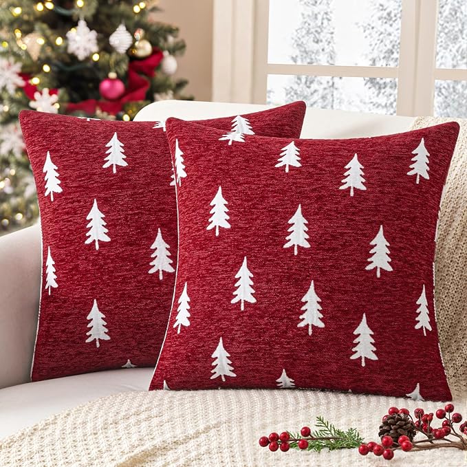 MIULEE Christmas Decorative Chenille Throw Pillow Covers, 18x18 Inch, Red White Tree, Set of 2 Cute Trees with Plaid Patterns Pillows for Sofa Couch Bedroom Chair Xmas Home Decor