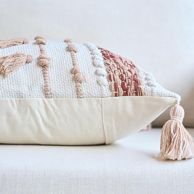 Boho Coral Decorative Pillow Cover with Cording and Tassels Handmade Accent Woven Textured Square Throw Pillow Case for Couch Sofa Farmhouse Living Room Home Decor 18"x18" Pink Rust
