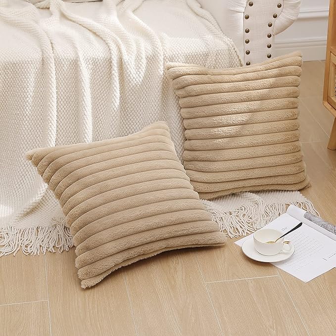 Pallene Faux Fur Plush Throw Pillow Covers 24x24 Set of 2, Luxury Soft Fluffy Striped Decorative Pillow Covers for Sofa, Couch, Living Room, Khaki