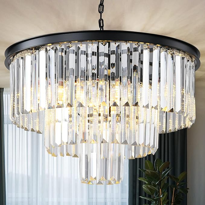 Black Modern Crystal Chandelier, 3-Tier Round Flush Mount Ceiling Light Fixtures Height Adjustable Pendant Lighting for Dining Room Living Room Bedroom Kitchen Hotel Foyer