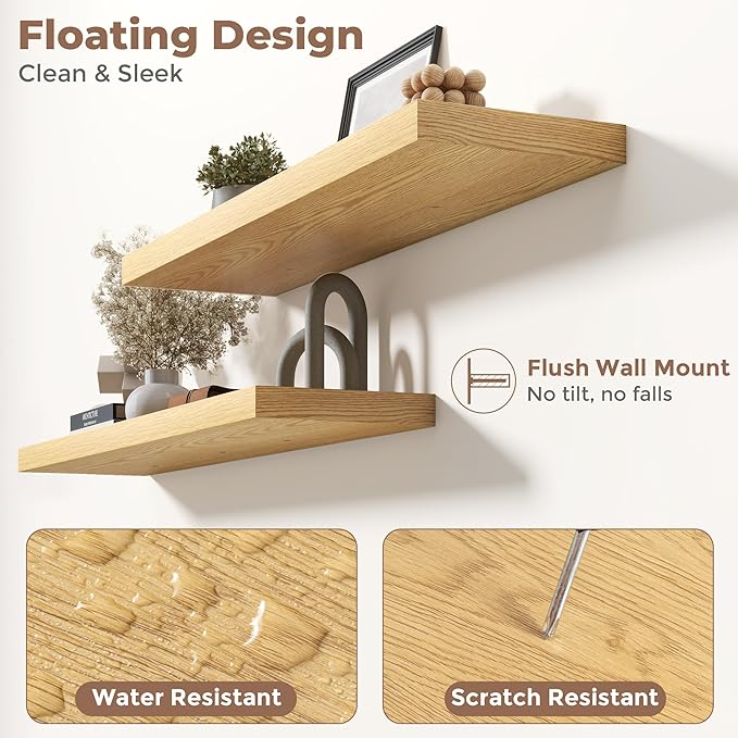 Floating Shelves for Wall with Invisible Brackets, Wall Mounted Engineered Wood Shelves with Wood Grain for Living Room, Bedroom, Bathroom, Kitchen Decor and Storage, Oak, 40"L Set of 2, Oak