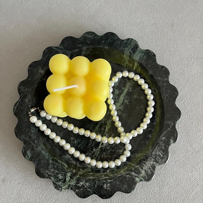 Travertine Marble Scalloped Tray Round Wave Tray Small Serving Platter for Counter, Bathroom, Kitchen, Nightstand, Jewelry Ring Dish Holder (White Dark Green)