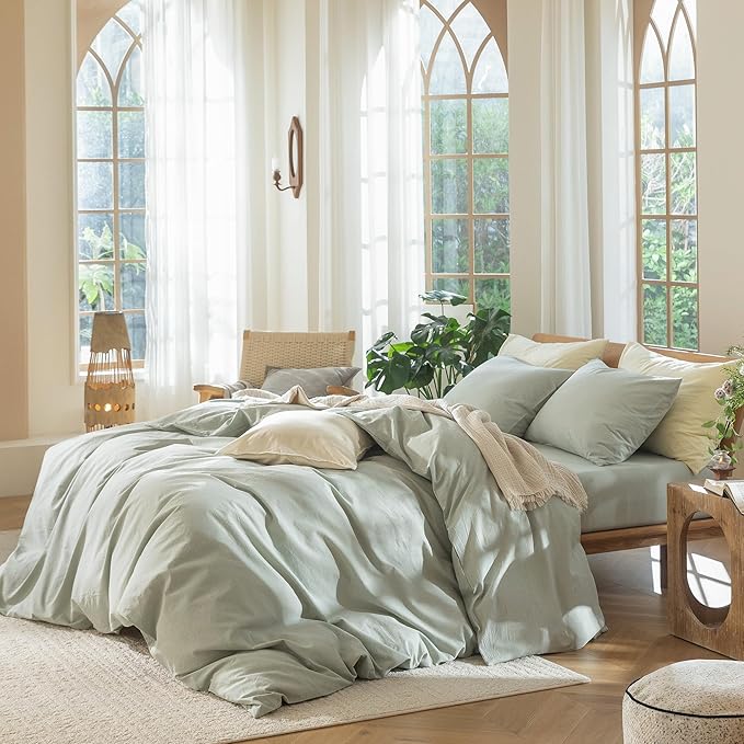 MooMee Bedding Duvet Cover Set 100% Washed Cotton Linen Like Textured Breathable Durable Soft Comfy (Heathered Sage Green, Palatial King/Oversized King 120"x98")