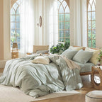 MooMee Bedding Duvet Cover Set 100% Washed Cotton Linen Like Textured Breathable Durable Soft Comfy (Heathered Sage Green, Palatial King/Oversized King 120"x98")