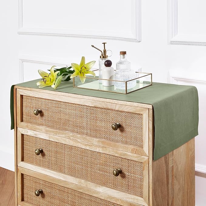 Solino Home Linen Table Runner 36 Inches - 100% Pure Linen Oil Green Table Runner 14 x 36 Inch Ideal for Dresser and Coffee Tables - Fall, Autumn, Thanksgiving - Fete