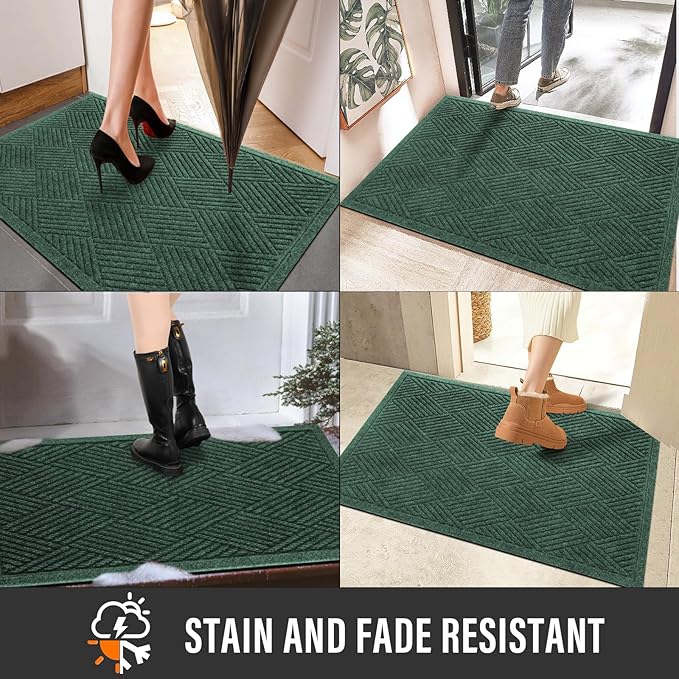 Sturdy Front Door Mat, Absorbent Muddy Dirt Resist Welcome Door Mats Outdoor Indoor, Stain and Fade Resistant, Non-Slip Rubber Backing Low Profile Doormat for Entryway, 47×32, Green