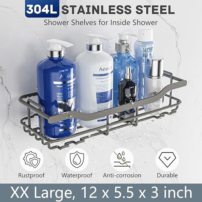 OMAIRA 3-Pack Shower Caddy with Soap Holder, Adhesive Rustproof No-drill Strudy Loading Inside Shower Organizer Shelves Rack Storage Bathroom Organization for Smooth Wall Glass Tile, Grey (X-Large)