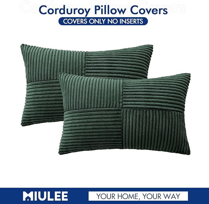 MIULEE Christmas Army Green Corduroy Pillow Covers Pack of 2 Boho Decorative Spliced Throw Pillow Covers Soft Solid Couch Pillowcases Cross Patchwork Cushion Covers for Living Room Bed Sofa 12x20 inch