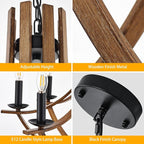 31.5" Large Wooden Chandelier 8-Lights Vintage Farmhouse Candle Style Chandeliers with Wood Finish Metal Industrial Retro Rustic Black Chandelier for Dining Room, Kitchen, Living Room, E12