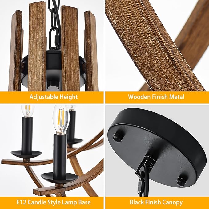 31.5" Large Wooden Chandelier 8-Lights Vintage Farmhouse Candle Style Chandeliers with Wood Finish Metal Industrial Retro Rustic Black Chandelier for Dining Room, Kitchen, Living Room, E12