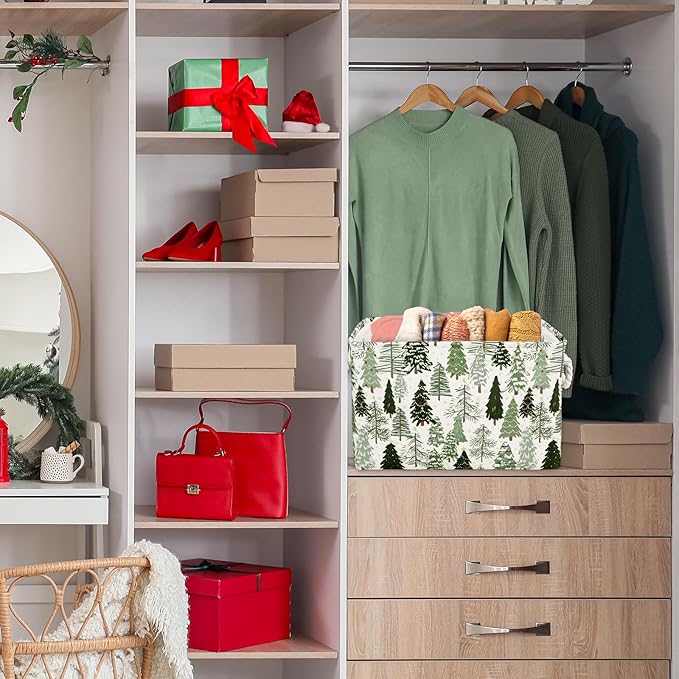 2Pcs Christmas Rectangle Storage Basket 15 x 10.2 x 9.4 In Xmas Pine Tree Foldable Open Toy Organizer Bag with Handle Large Laundry Dirty Cloth Storage Bin for Bedroom Shelves Closet