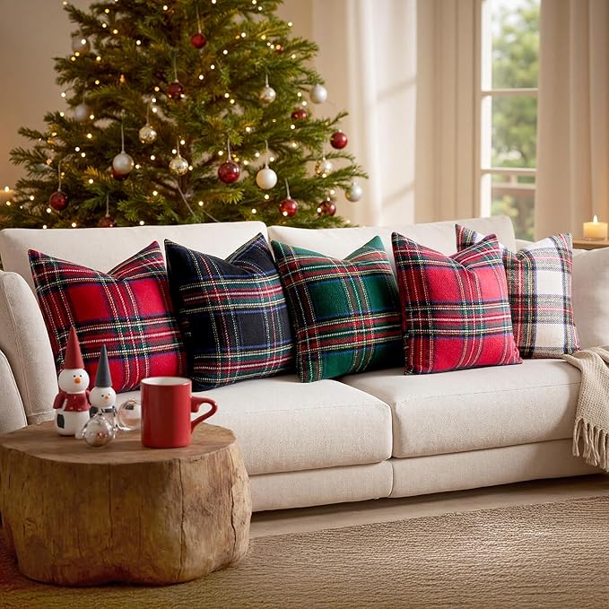 MIULEE Christmas Plaid Decorative Throw Pillow Covers Set of 2 Scottish Tartan Vintage Farmhouse Winter Cuhion Case Pillow Covers for Couch livingroom Sofa Bed Porch Home Decor 18x18inch Green