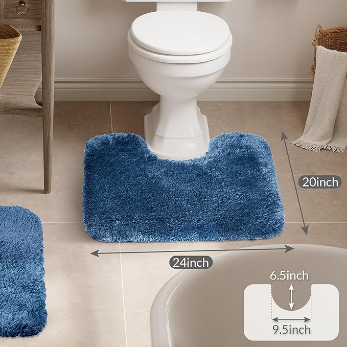 Walensee Contour Rug (20x24, Navy) Non Slip Bath Mat for Bathroom Water Absorbent Soft Microfiber Shaggy Mat Machine Washable U Shape Toilet Rug