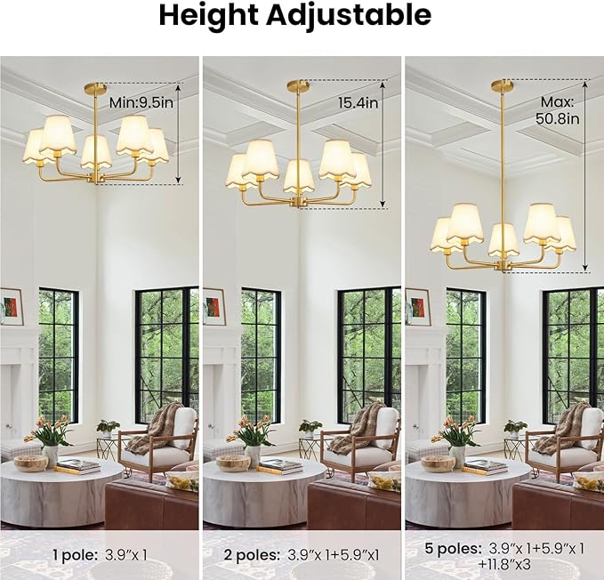 KAISITE Modern Gold Chandelier 5-Light Farmhouse Chandelier for Dining Room Industrial Dining Kitchen Light Fixture Over Table Ceiling Chandelier for Bedroom Living Room Foyer Entryway