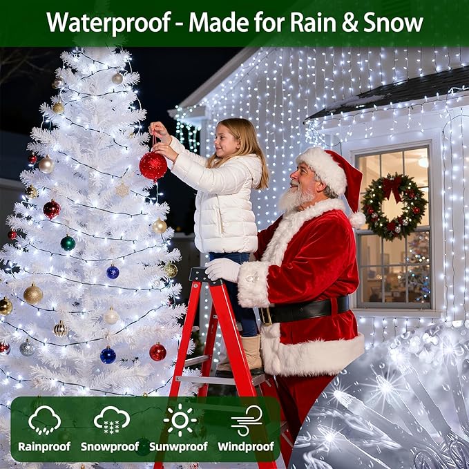 300LED Chrstmas Lights, 75ft Indoor Outdoor Christmas String Lights with 12 Modes, Cool White ChristmasTree Lights with Timer Dimmable Connectable for Fence Garden Wedding Party Decor Cool White