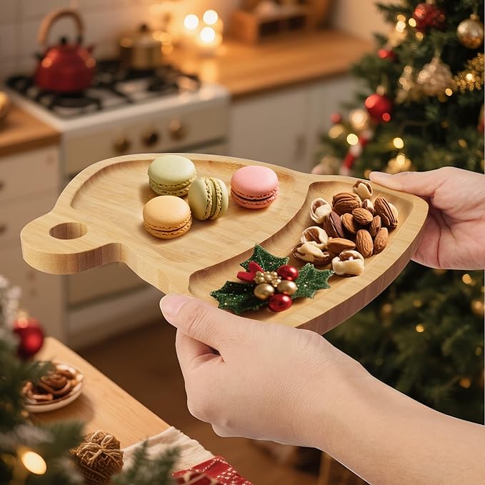 TJ POP Christmas Hat Bamboo Serving Platter - Santa Hat-Shaped Holiday Snack Tray with Hanging Hole, Natural Wood Appetizer Tray Charcuterie Board for Candy, Cookies, Party Decor (10” x 9”)