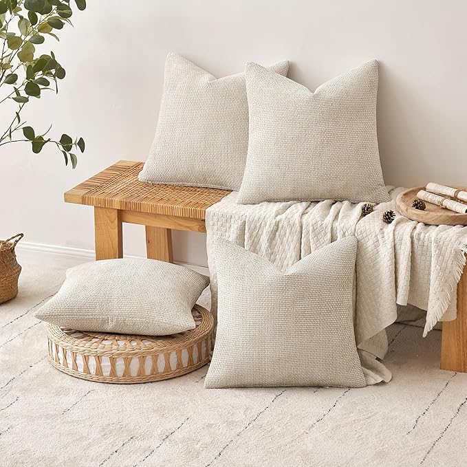 MIULEE Pack of 4 Couch Throw Pillow Covers 20x20 Inch Cream Soft Decorative Chenille Pillow Covers Farmhouse Accent Cushion Covers for Boho Home Decor Sofa Bedroom Living Room