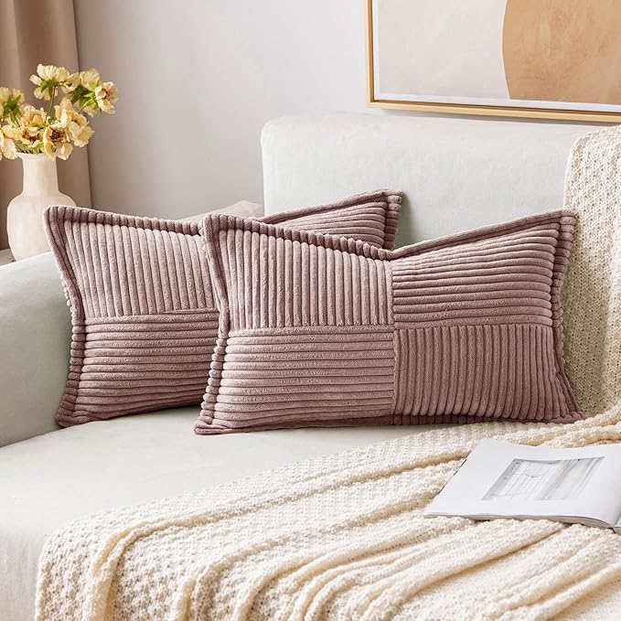 MIULEE Decorative Lumbar Throw Pillow Covers for Couch Bed Livingroom 12x20 Inch Set of 2 Blush Pink Boho Accent Throw Pllows Broadside Striped Patchwork Soft Corduroy Pillowcases