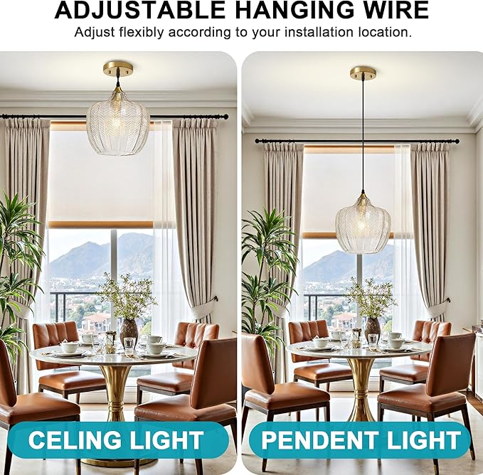Modern Gold Pendant Light, Clear Glass Farmhouse Kitchen Island Pendant Light Fixture Adjustable Vintage Hanging Ceiling Light for Dining Room Corridor Bedroom 9.45 inch