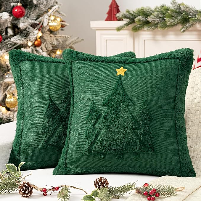 MIULEE Christmas Trees Pillow Covers Set of 2 Decorative Soft Throw Pillows Plush Faux Fur Wool Embroidered Couch Cushion for Holiday Winter Home Decor Chair Sofa Bedroom Living Room,Green 18x18inch