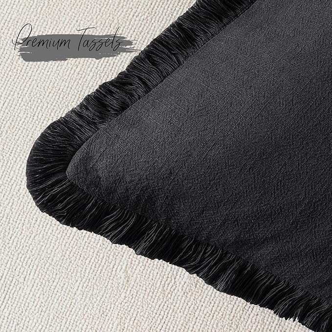 Woaboy Decorative Linen Fringe Throw Pillow Covers Boho Farmhouse Soft Cushion Covers Accent Pillowcases with Tassels for Living Room Couch Sofa Bed Chair,18x18 Inch Set of 2,Black