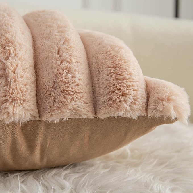 Neelvin Camel Faux Fur Cozy Soft Striped Decorative Throw Pillow Covers 12x20 inch Set of 2,Velvet Pillowcase Cushion Case for Sofa Couch