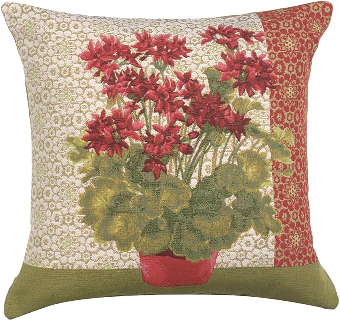 Charlotte Home Furnishings Floral Decorative Throw Pillow Cover 19x19 in, Geranium Red French Country Couch Pillow Case, Home Decor Cozy Tapestry Cushion Cover, European Cotton Jacquard Woven