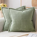 MIULEE Decorative Throw Pillow Covers for Couch Bed Livingroom 16x16 Inch Set of 2 Sage Green Boho Accent Throw Pllows Broadside Striped Patchwork Soft Corduroy Pillowcases