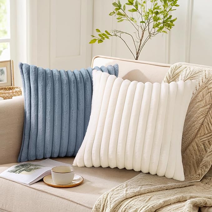Pallene Faux Fur Plush Throw Pillow Covers 16x16 Set of 2, Luxury Soft Fluffy Striped Decorative Pillow Covers for Sofa, Couch, Living Room, Blue Grey