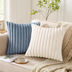 Pallene Faux Fur Plush Throw Pillow Covers 20x20 Set of 2, Luxury Soft Fluffy Striped Decorative Pillow Covers for Sofa, Couch, Living Room, Blue Grey