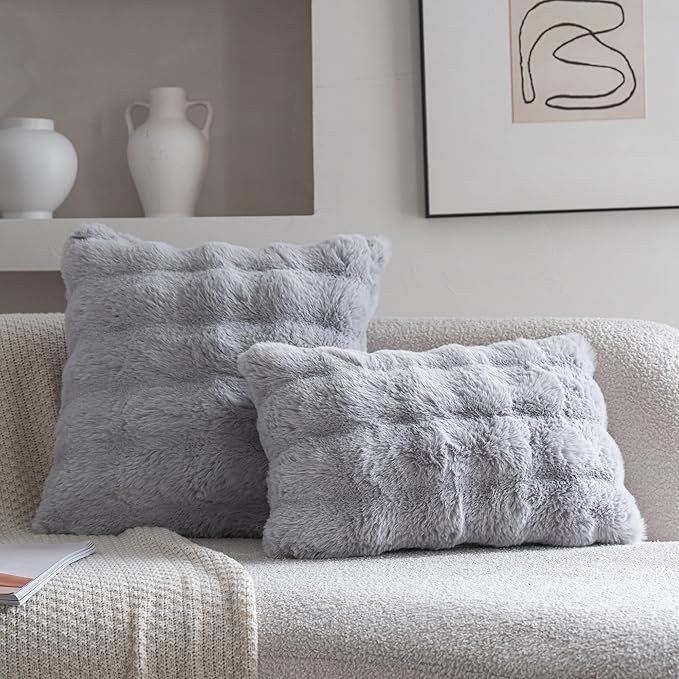 Neelvin Gray Faux Fur Cozy Soft Double-Sided Decorative Throw Pillow Covers 18x18 inch Set of 2,Velvet Pillowcase Cushion Case for Sofa Couch