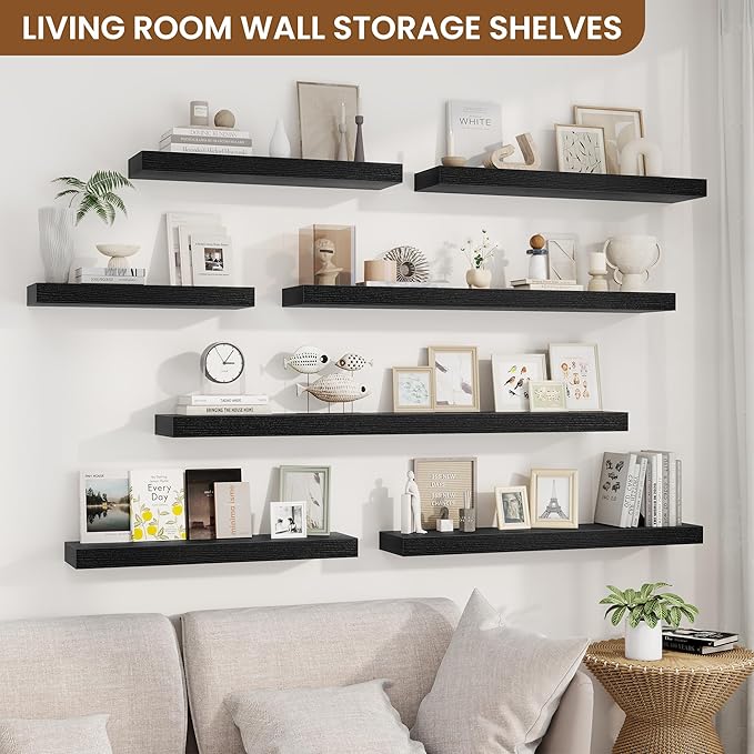 fuqing Floating Shelves for Wall, Wall Mounted Wood Floating Shelf with Invisible Brackets for Living Room, Bathroom, Bedroom, Kitchen Storage and Decor, 40 Inch Set of 2, Black