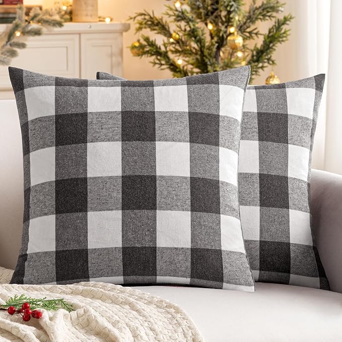 MIULEE Pack of 2 Classic Farmhouse Buffalo Check Plaids Polyester Linen Soft Solid Grey and White Decorative Throw Pillow Covers Home Decor Outdoor Cushion Case for Sofa Bedroom 24 x 24 Inch