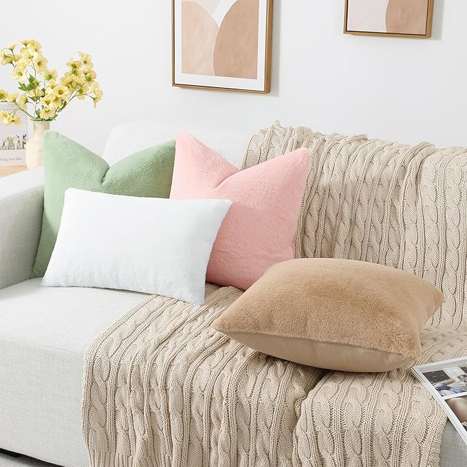 Pallene Faux Fur Plush Lumbar Throw Pillow Covers 12x20 Set of 2, Soft Fluffy Couch Pillow Covers for Living Room, White
